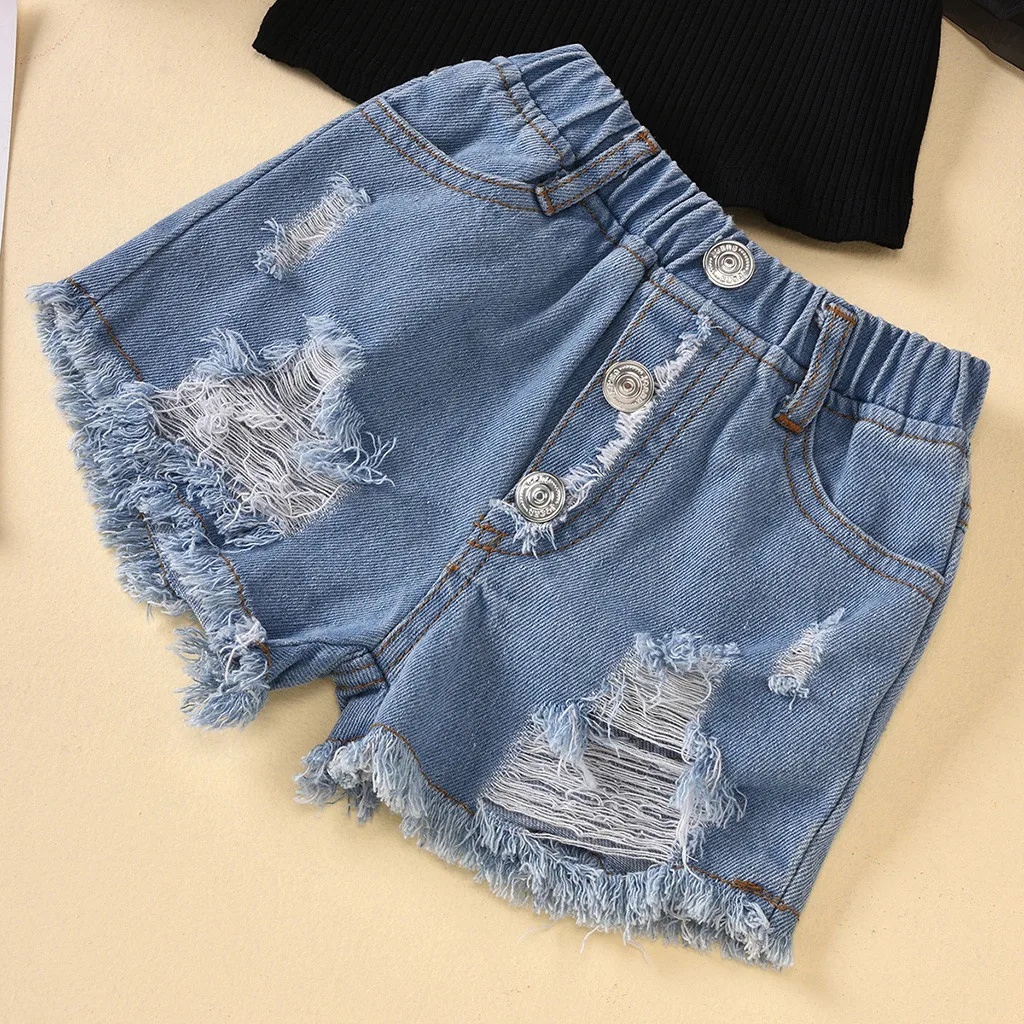 

Toddler Baby Kids Girls Puff Sleeve Polka Dot Tops Ripped Jean Shorts Outfits