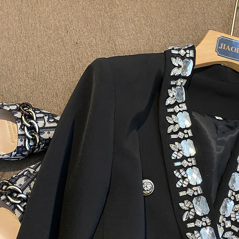 Женские блейзеры с двойной грудью модельные пальто черного цвета бусинами