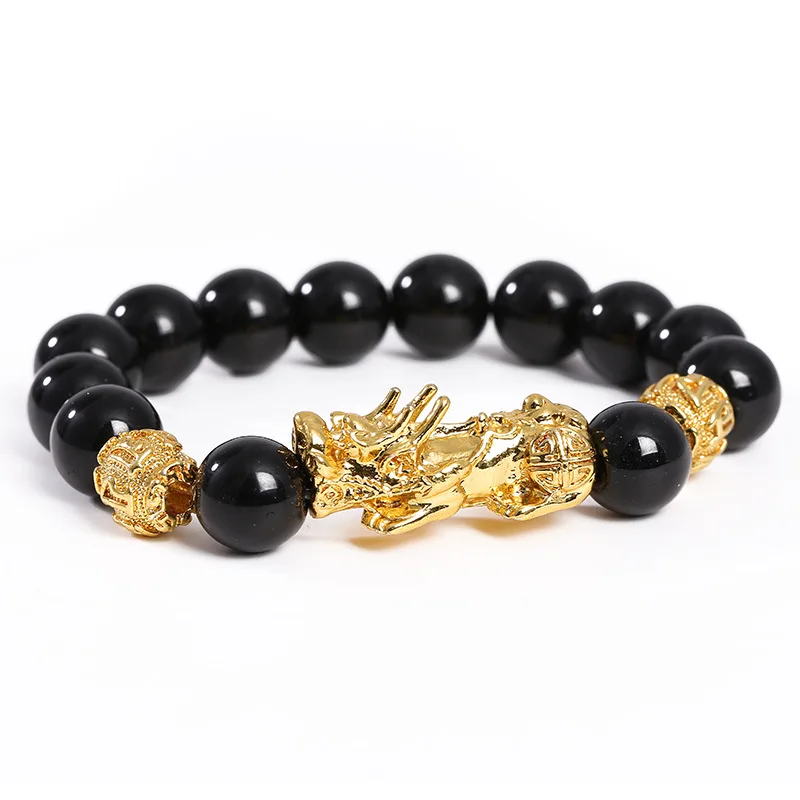 Golden Pixiu Obsidian Bracelet Feng Shui Black Bead Alloy Unisex Wealth Bracelets Charm Handmade Men Lucky Amulet Bracelet Gift