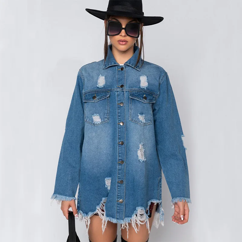 

Women's new fashion ripped mid-length denim jacket dropshipping womens jacket