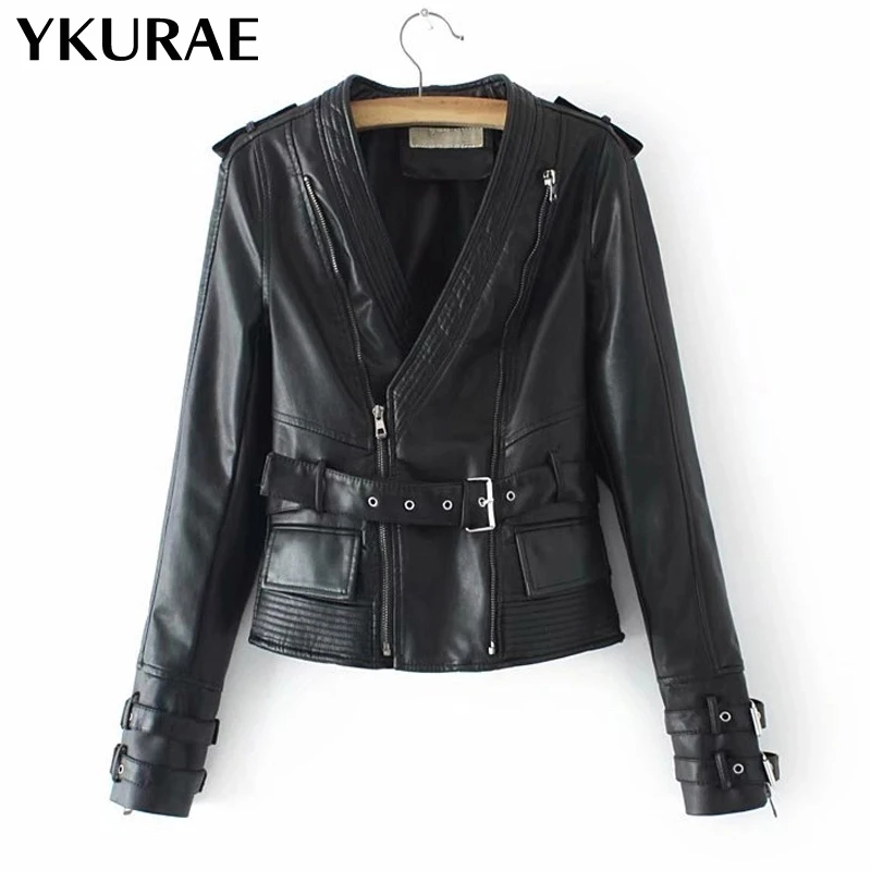 

Women PU Leather Jacket Brand Clothing Motorcycle Biker Jackets Cool Female Punk Outerwear Casual Tie Belt Street Coat Hot FL082