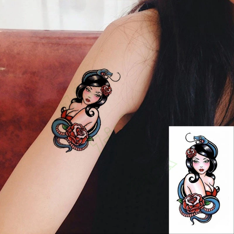 Новинка 2018 года водостойкая Временная тату наклейка в виде Розы и змеи для старой