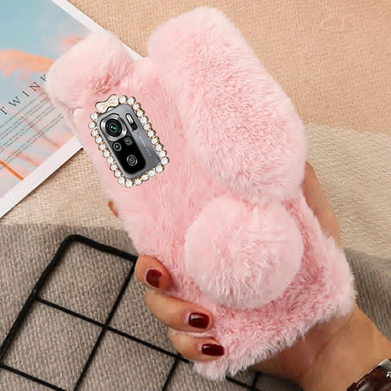for xiaomi redmi 10 note 10s 11 pro 11t 9c 10c phone case rabbit fluffy fur bunny silicone cover poco m3 m4 pro 5g poco x3 case free global shipping