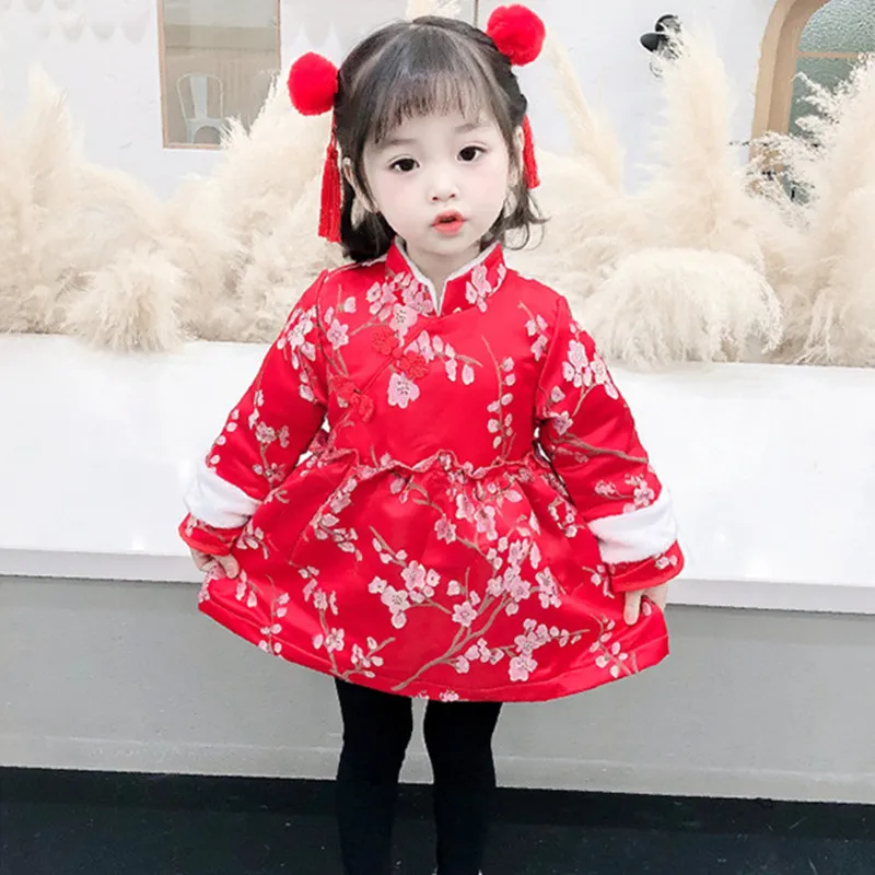 

DFXD 2020 Winter Girls Dresses Princess Tang Cheongsam Plum Blossom Embroidery Kids Party Dress New Year Girls Clothing 6M-7T