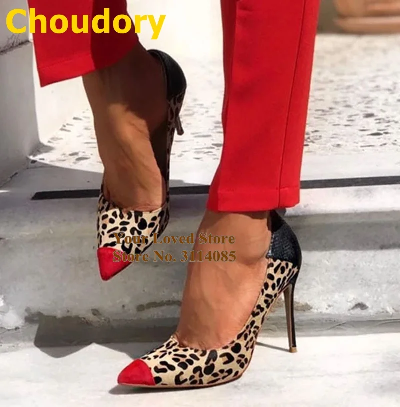 Пикантные леопардовые замшевые Лоскутные туфли Choudory на высоком каблуке черные
