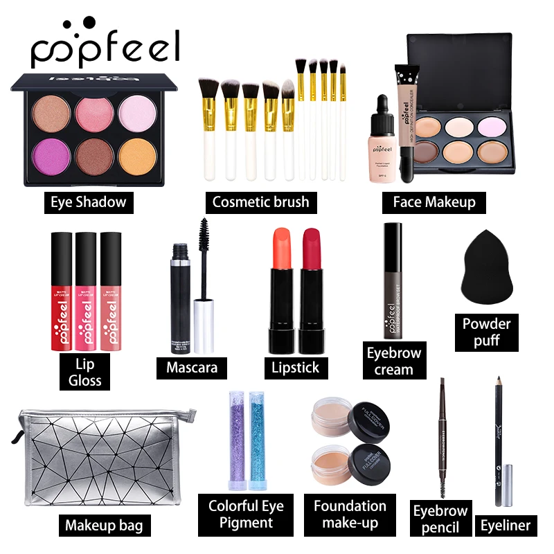 

POPFEEL, все в одном, профессиональный косметический набор KIT07, тени для век, блеск для губ, набор кистей для макияжа с
