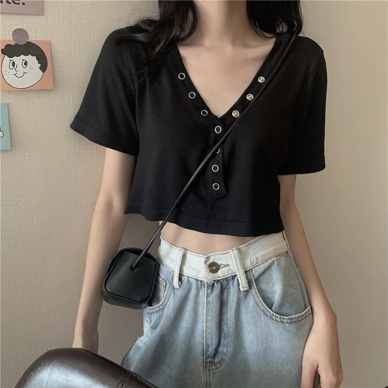 

Korean Style Chic Top Clothes Short Sleeve Women's Clothing 2021new Trendy Spring Autumn Short Navel-Exposed All-Match White