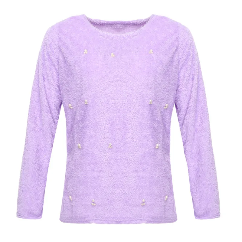Plush Beading Sweater Autumn Winter Women Rabbit Fur O-Neck Long Sleeve Pullovers Pull Femme Sweaters | Женская одежда