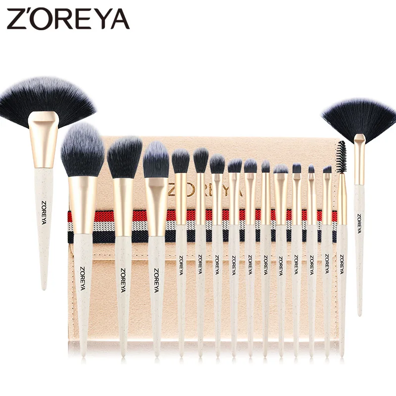 

Бренд Zoreya , 16 шт ., мягкие синтетические волокна , кисти для макияжа, кисть для губ, порошок для ресниц, растушевка, большая кисть для веера, беж...