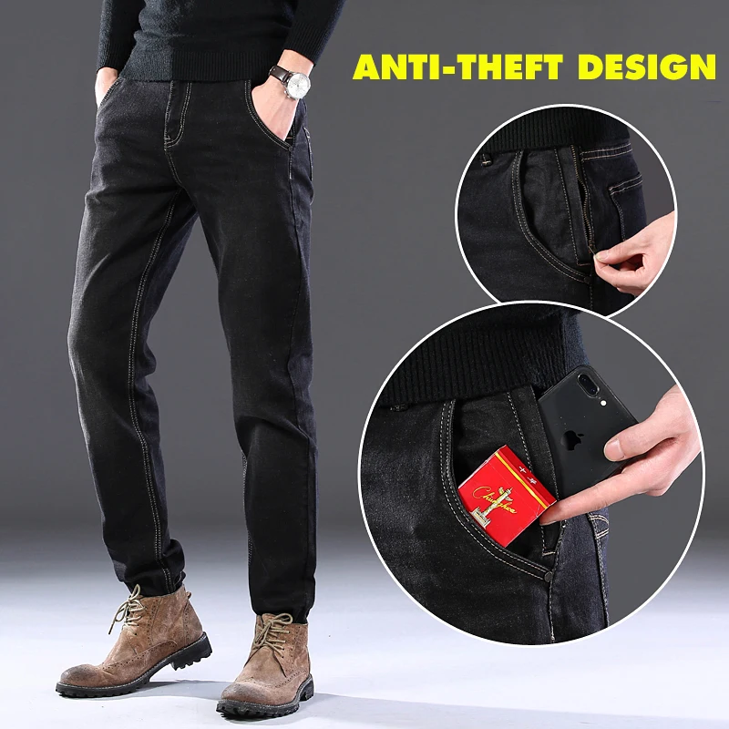 New Mens brand jeans Fashion Men Casual Straight High Stretch Feet Jeans Anti-theft Design Men Black Hot Sell Male Trousers