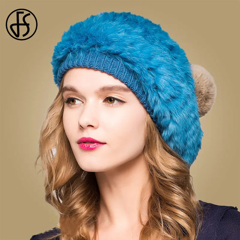 Женский шерстяной вязаный берет FS теплая шапка с помпоном из кроличьего меха