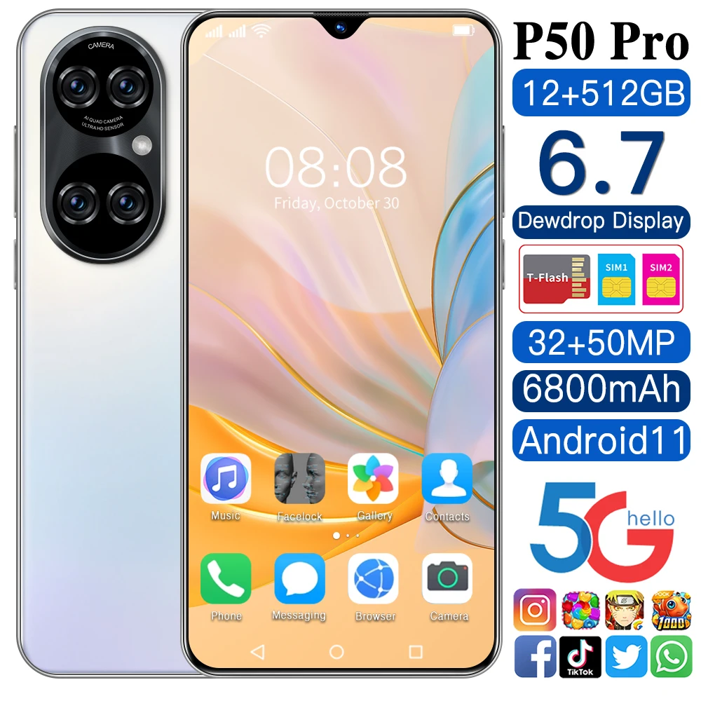 

2021 New Global Version P50 Pro 6.7 Inch Smartphone Deca Core 6800mAh 16GB+512GB Dual SIM Full Screen 4G 5G Android Mobile Phone