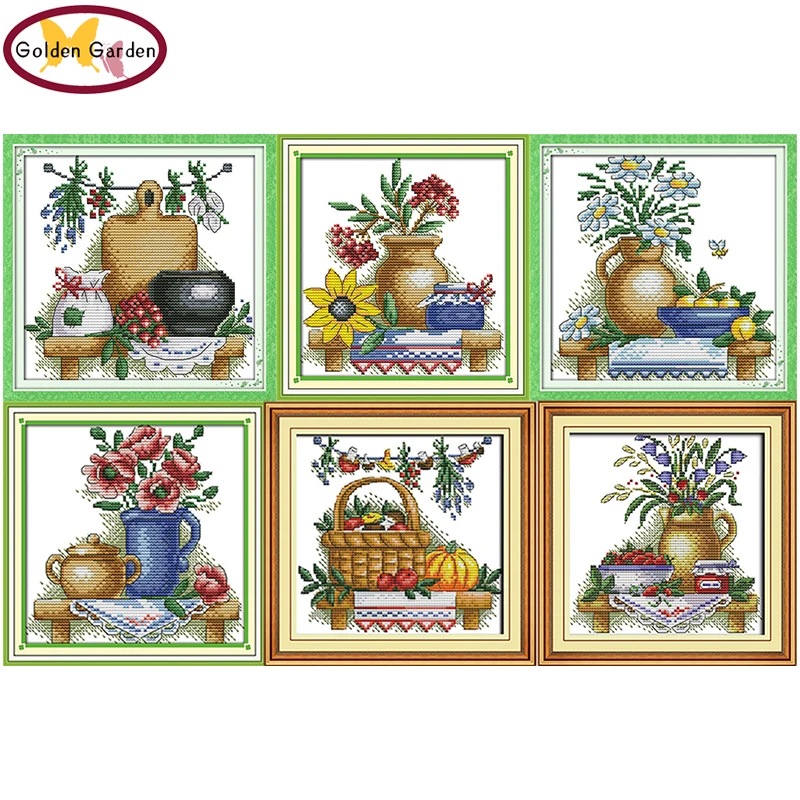 

GG The Teapot with Flowers Stamped Cross Stitch Embroidery Kits 11CT 14CT Chinese JoySunday Cross Stitch Painting for Home Decor