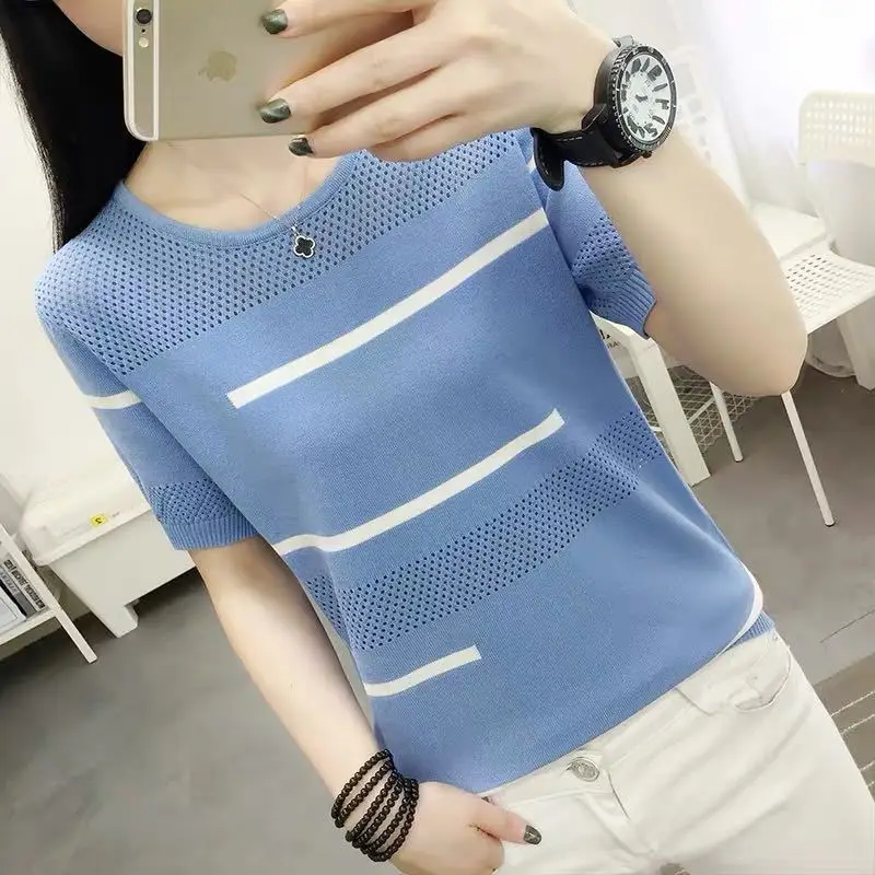 

Striped Ice Silk Short-Sleeved Tshirt Women's Summer 2021 New Korean Version with A Wild Hollow Knitted Sweater Sports Top