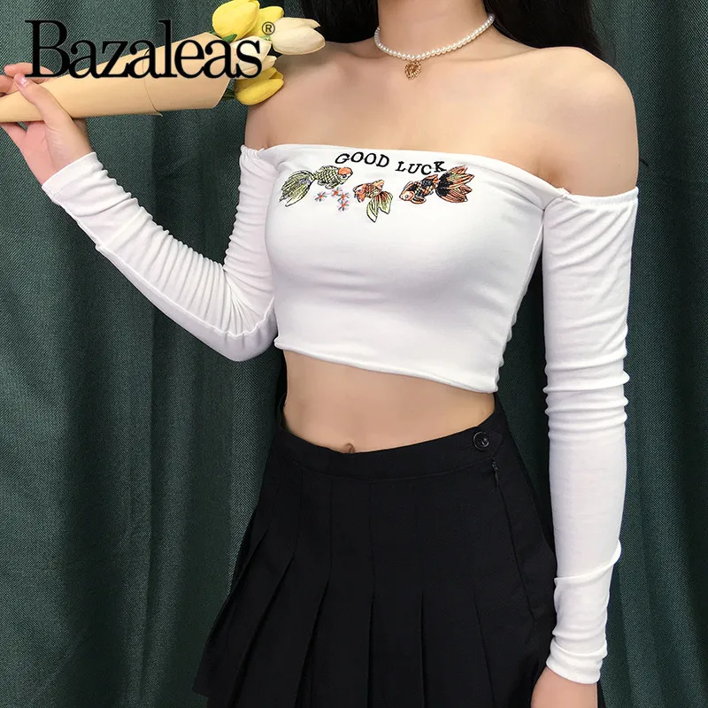 Bazaleas уличная белая женская футболка рыбка удача вышитая тонкая harajuku с открытыми
