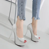 fashion summer peep toe shallow silver 14cm super high heeled shoes 5 inches trend paint platform party dress elegant thin heels