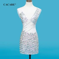 sexy party evening dresses see through mesh prom dress short special occasion sewing rhinestones white f0513 deep v neck