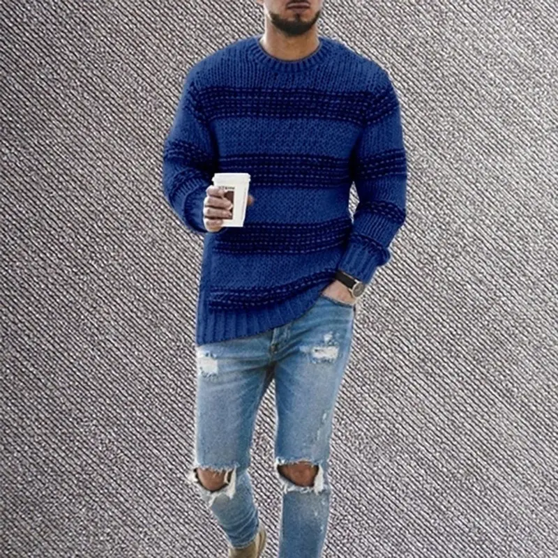 

2020 Knitting Sweater Mens Autumn New Leisure Casual Patchwork Color Stripes Sweaters Pullovers Male Winter Warm Sweaters