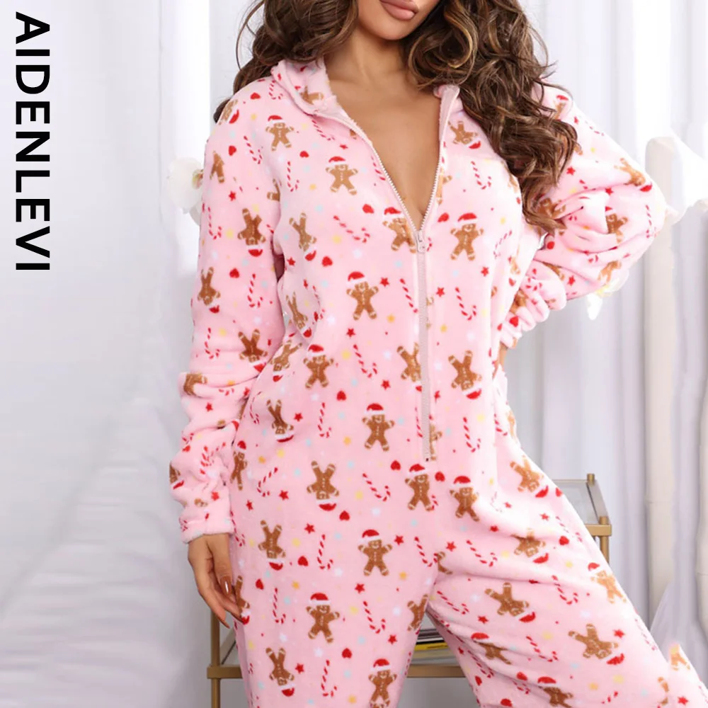 

Christmas Pajamas Flannel Thickened One-piece Pajamas Fall/winter Leopard Gingerbread Man Print Christmas Hooded Loose Jumpsuits