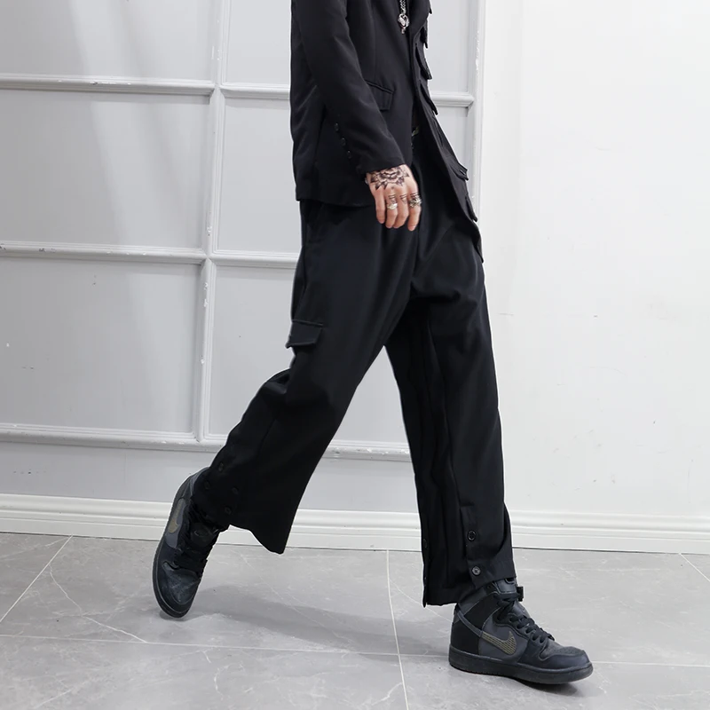 

Cargo Pants Men Loose Nine-point Black Overalls Casual Street Side Buckle Split Fork Personality Trendy Spring And Summer New