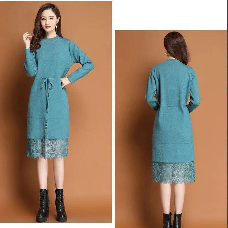 

Elegantes Solid Color Lace Knitted Midi Dress Women Korean Fashion Elastic High Waist Dress Casual O-Neck Draw String Dresses