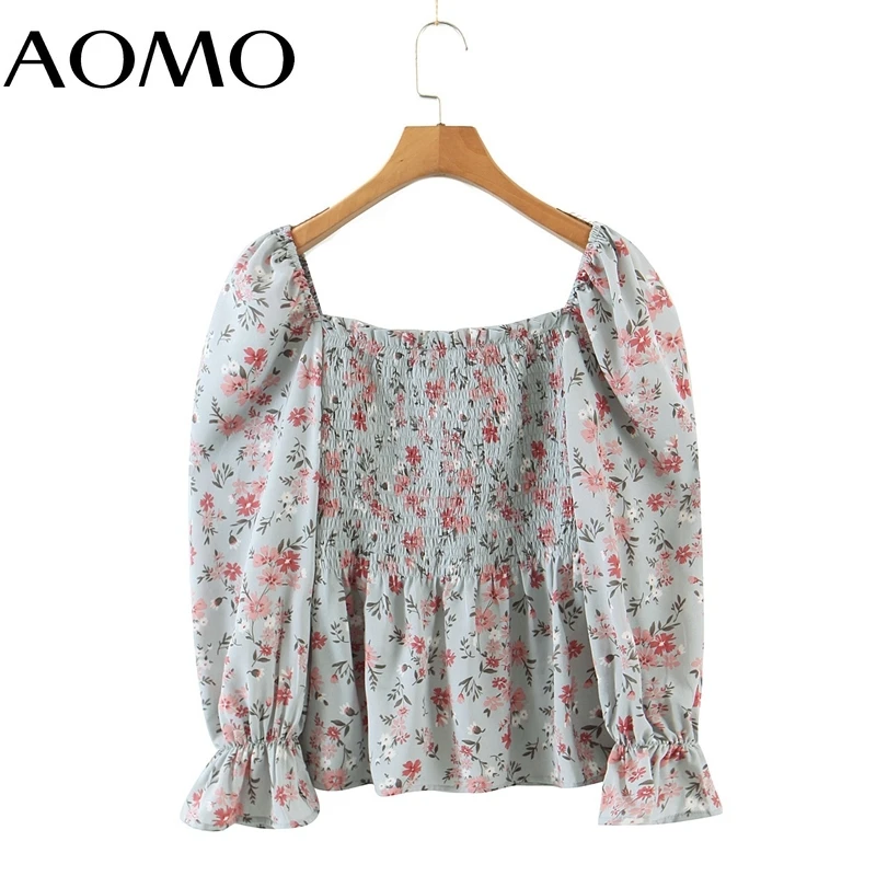 

AOMO Women Retro Square Collar Romantic Blouse Shirt Long Sleeve 2021 Chic Female Shirt Tops SL334A