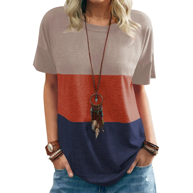 

2021 European and American Spring and Summer New Women's Color Contrast T-shirt Pocket Round Neck Short Sleeve Loose Top