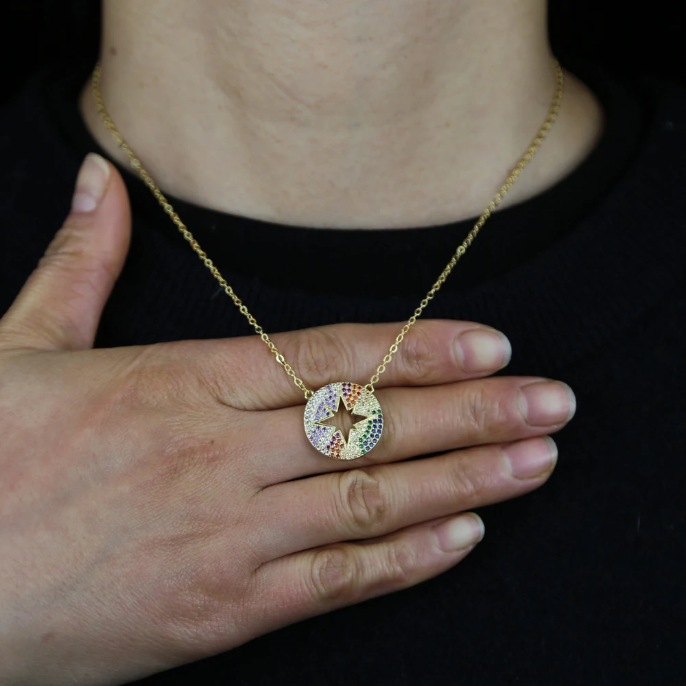 2021 полые блестящие Радуга Шарм звезда Подвеска золотого цвета с твердым