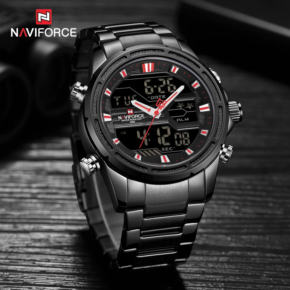 NAVIFORCE наручные мужские спортивные часы, мужские Кварцевые светодиодный цифровые часы, мужские полностью стальные водонепроницаемые наручные часы Relogio Masculino