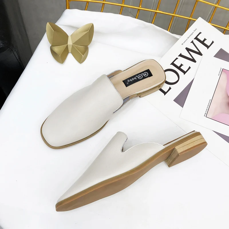 Genuine Leather Mule Shoes Women Flat Slippers Low Heels Slides Concise Style Ladies Casual Designer Shoe Woman Comfort Sliders | Обувь