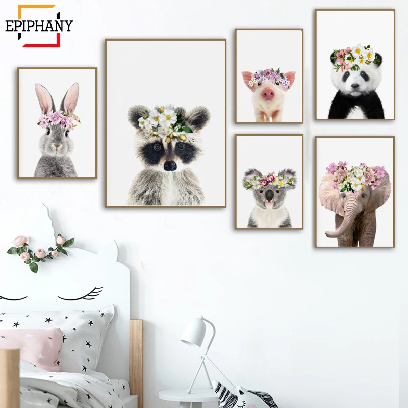 Животные с цветами коронами Жираф панда Зебра обезьяна Художественная печать