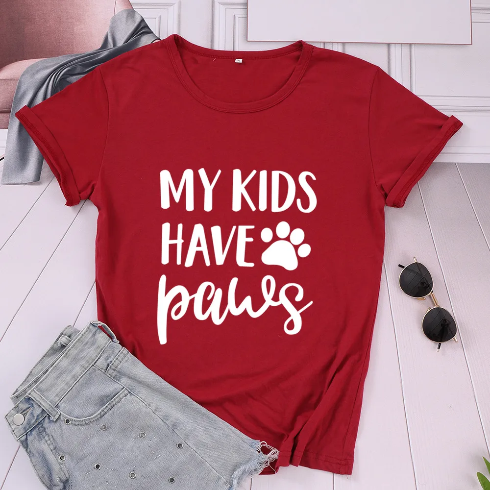 

Мои дети имеют собачьи лапы мама Хлопковая женская футболка со смешным буквенным принтом, футболка с короткими рукавами Kawaii рубашка I Love Mama ...