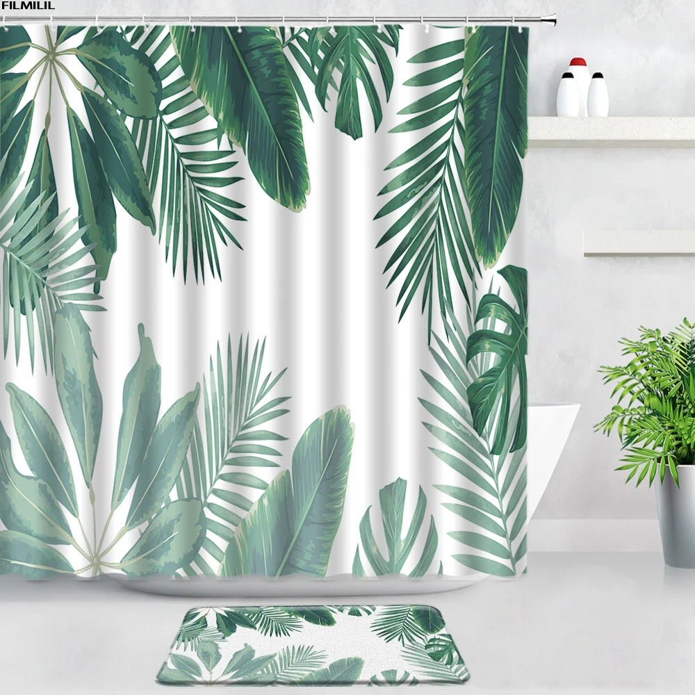 

Tropical Rainforest Shower Curtains Bath Mats Set Green Plants Palm Trees Monstera Jungle Scenery Bathroom Non-slip Rug Door Pad