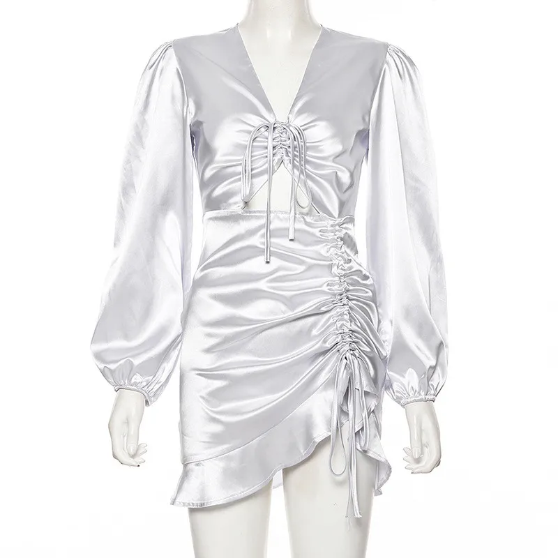 

hirigin Sexy Deep V-neck Party Dress Women Satin Lace Up Ruffles Holow Out Ruched Dress Female Vestido Elegant Slim Mini Dresses