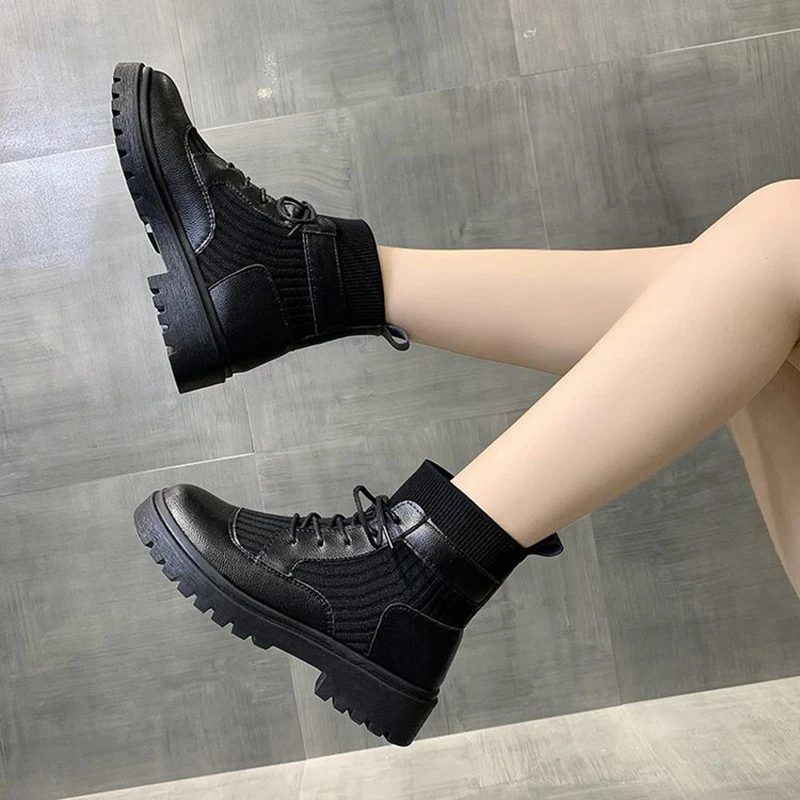 

Ladies Martin Boots Women's Soft Leather Cloth Integrated Flat Warm Boots Women Front Lace-up Non-slip Ankle Boots