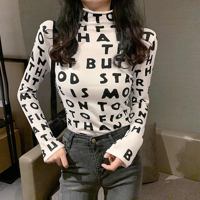 Женская водолазка с буквенным принтом GRUIICEEN облегающая футболка длинными