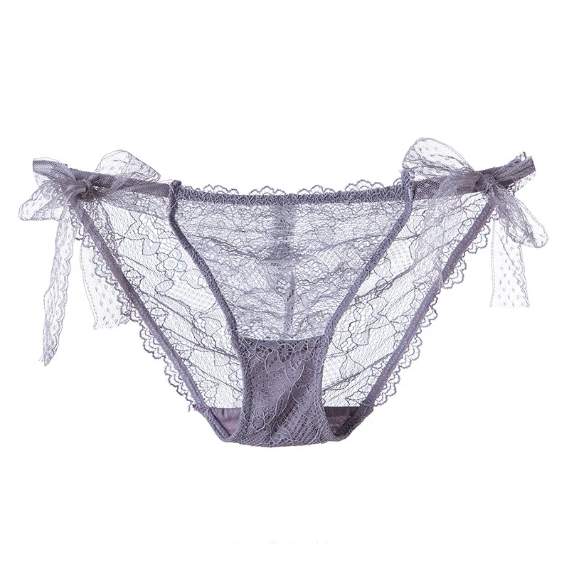 Quaslover Women's Summer Sexy Panties Breathable Comfort Underwear Lace Transparent Panties Female Low Waist Panty with Bow - Цвет: Purple