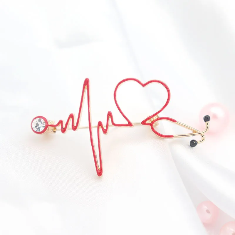 

2021 Fashion Medical Stethoscope Heart Brooch Pin For Women Enamel Electrocardiogram Nurse Doctor Lapel Coat Jewelry Gift