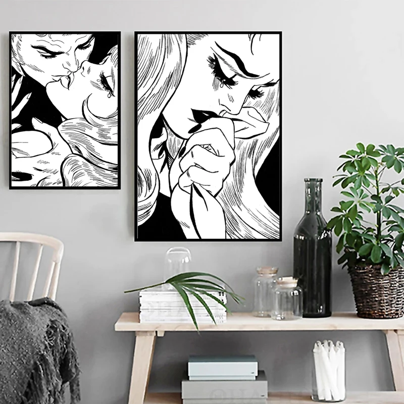 

Comic Romance Black and White Love Canvas Painting Wall Art Nordic Posters and Prints Wall Pictures for Living Room Decoration
