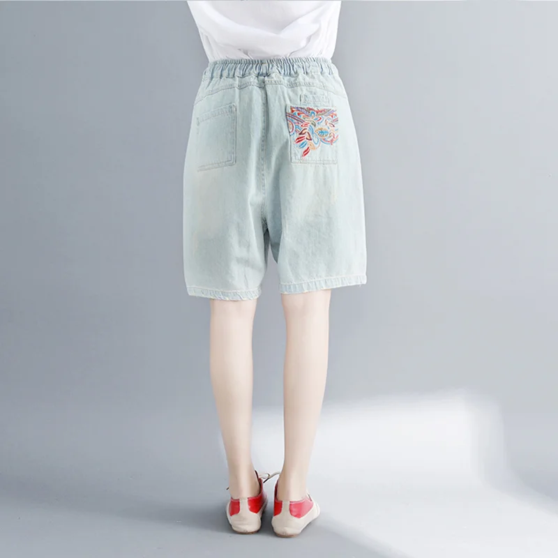 

Summer Embroidery Shorts Women Vintage Drawstring Waist Knee Length Hole Ripped Jeans Loose Wide Leg Harem Denim Shorts C6121