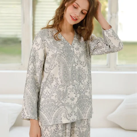 2021 Пижама женская осенняя одежда модная вискозная одежда с принтом брюки без воротника с длинным рукавом домашняя одежда в стиле ретро комплект одежды для сна