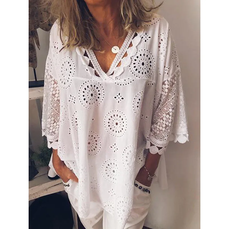 

Sexy Half Sleeve V Neck Loose Blouse Casual Tops Summer Women Lace Blouse Elegant Hollow Out Irregular Shirt