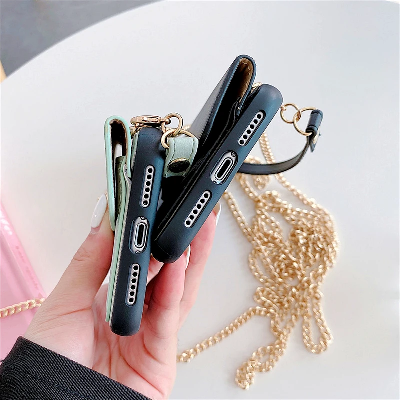 

Luxury Crossbody Strap Leather Wallet Phone Case For iPhone 12Pro X XS MAX XR 7 8Plus Solid Color Credit Card Slot Lanyard Cover