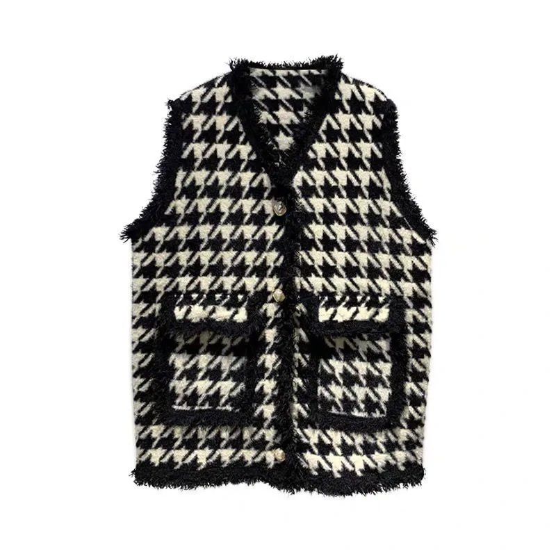 

S-4XL Luxury Winter Sleeveless Houndstooth Jacket Fashion Plaid Cardigan Waistcoat Women Pocket Vest Coat Woolen Ladies Autumn