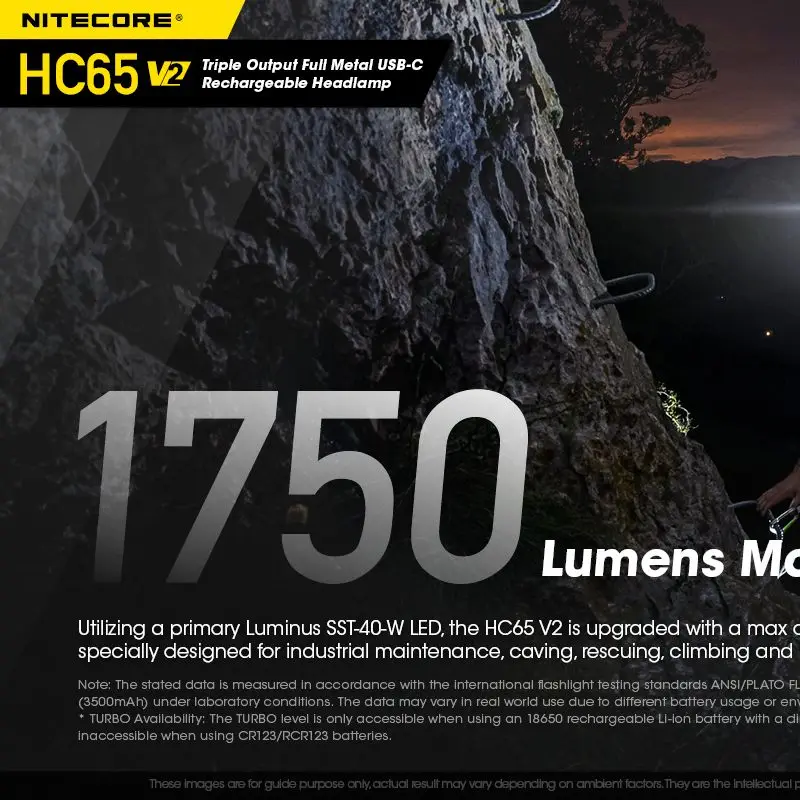 Налобный фонарь NITECORE HC65 V2 перезаряжаемый через USB 1750 лм фонарик 100 светодиодный