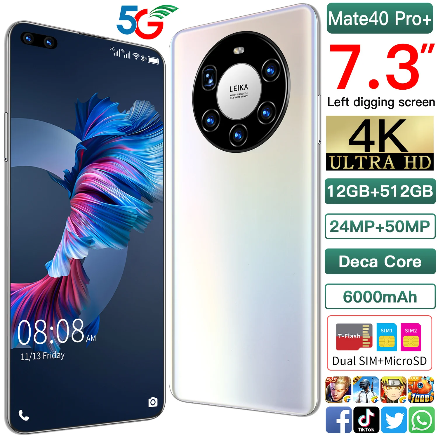 

Huavei Global Version Mate40 Pro Smartphone 6000mAh Battery 7.3 Inch Screen 24MP 50MP Camera Face ID 12GB 512GB Snapdragon 888