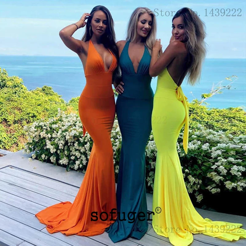 

Multi-Color Girl Sexy Halter Evening Dresses Prom Long Backless Arabic Special Occasion Robe De Soiree Plus