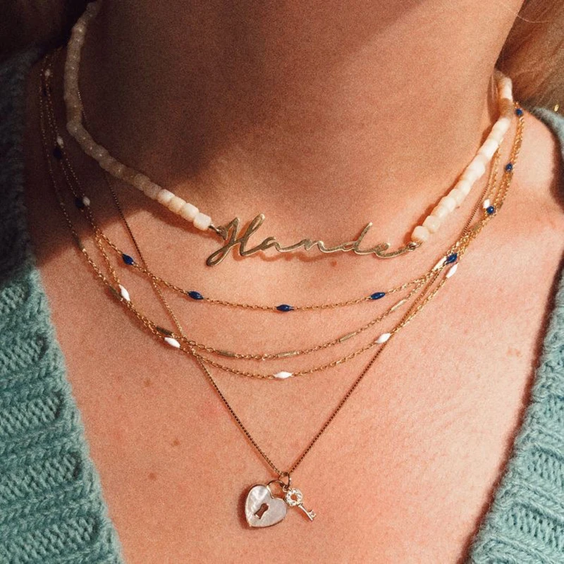 2021 New Style Personalized Stainless Steel Name Pendant Here Natural Shell Bead Short Jewelry Valentine's Day Halloween Gift