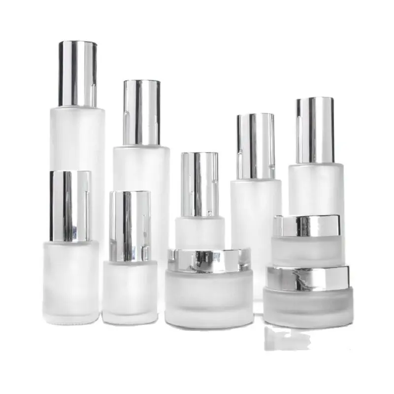 

10pcs Lotion Pump Mist Spray Bottle 20ml~120ml Cosmetic Container Frosted Refillable Bottle Silver Lid 30g 50g Glass Cream Jars