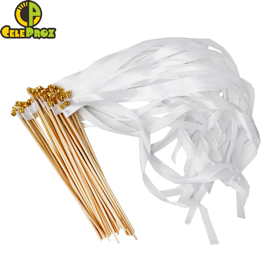 

50Pcs White Lace Ribbon Wands Wedding Twirling Streamers Baby Birthday Fairy Stick With Bell Party Send off Cheer Prop Wands